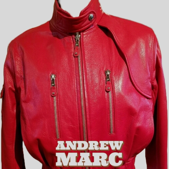 Andrew Marc Moto Racing Red 100% Leather Bomber Jacket w/ Silver Zippers - Picture 10 of 10